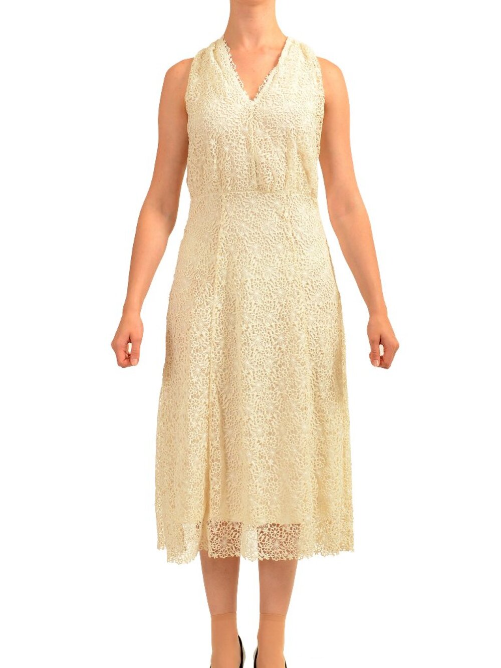Hugo Boss Women's "Emalda" A-Line Ivory Lace Midi Sleeveless Dress US S IT 40